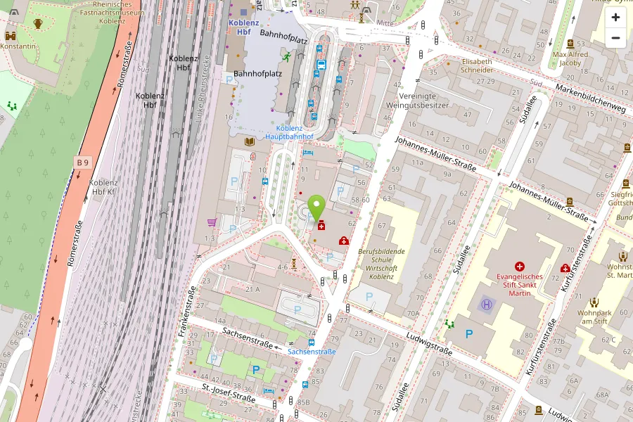 Lage der Praxis in der Neversstraße 5 in Koblenz